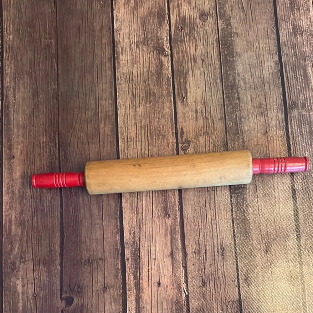 Vintage Wooden Rolling Pin with Red Handles